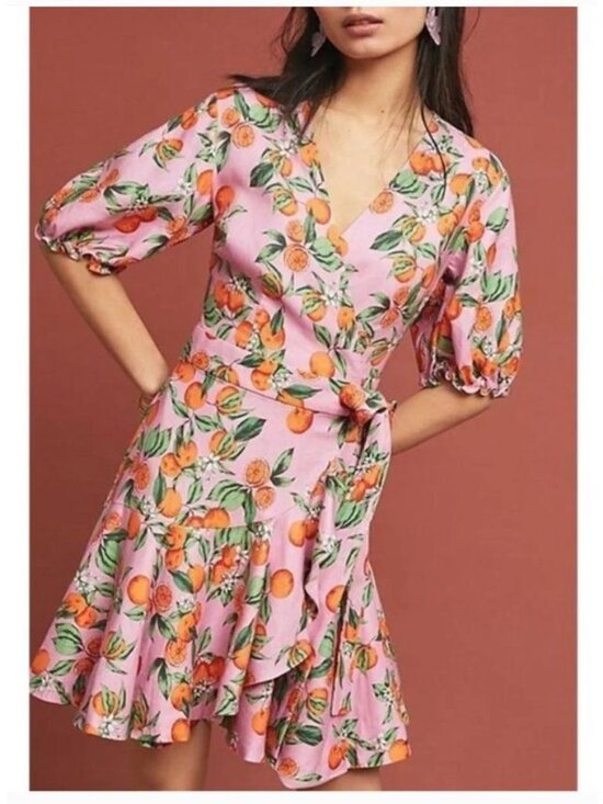Finders Keepers Dresses & Skirts - Finders Keepers Aranciata Orange Print Wrap Dress Mini Ruffle Puff Short Sleeve
